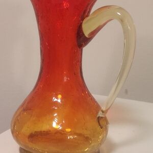 Vintage Red and Orange Glass Art Vase with Curved Handle